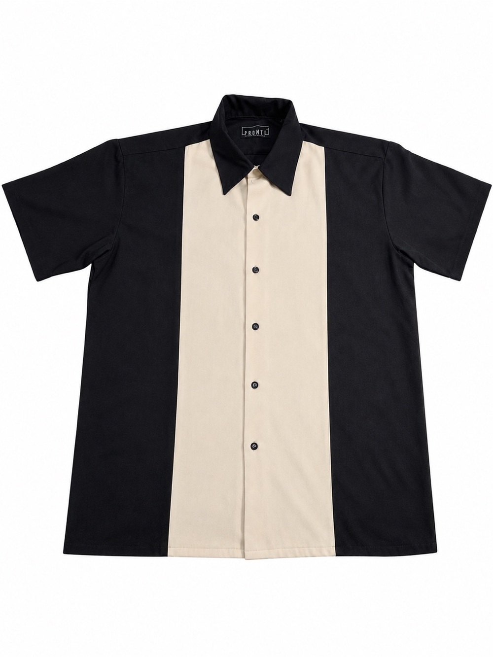 Pronti Retro Bowling Shirt Black & Cream Color Block Button Front Men’s Medium